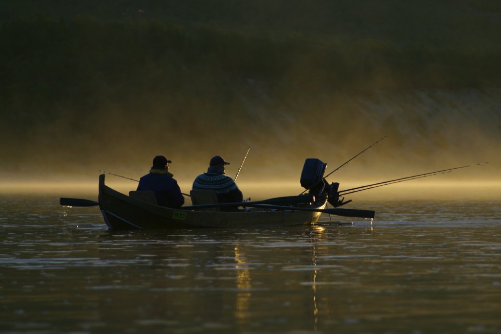 A duo fishing on a boat.
