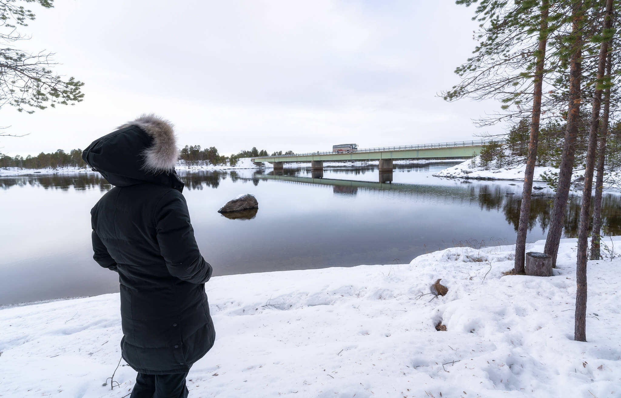 Henkilö katselemassa lumista maisemaa